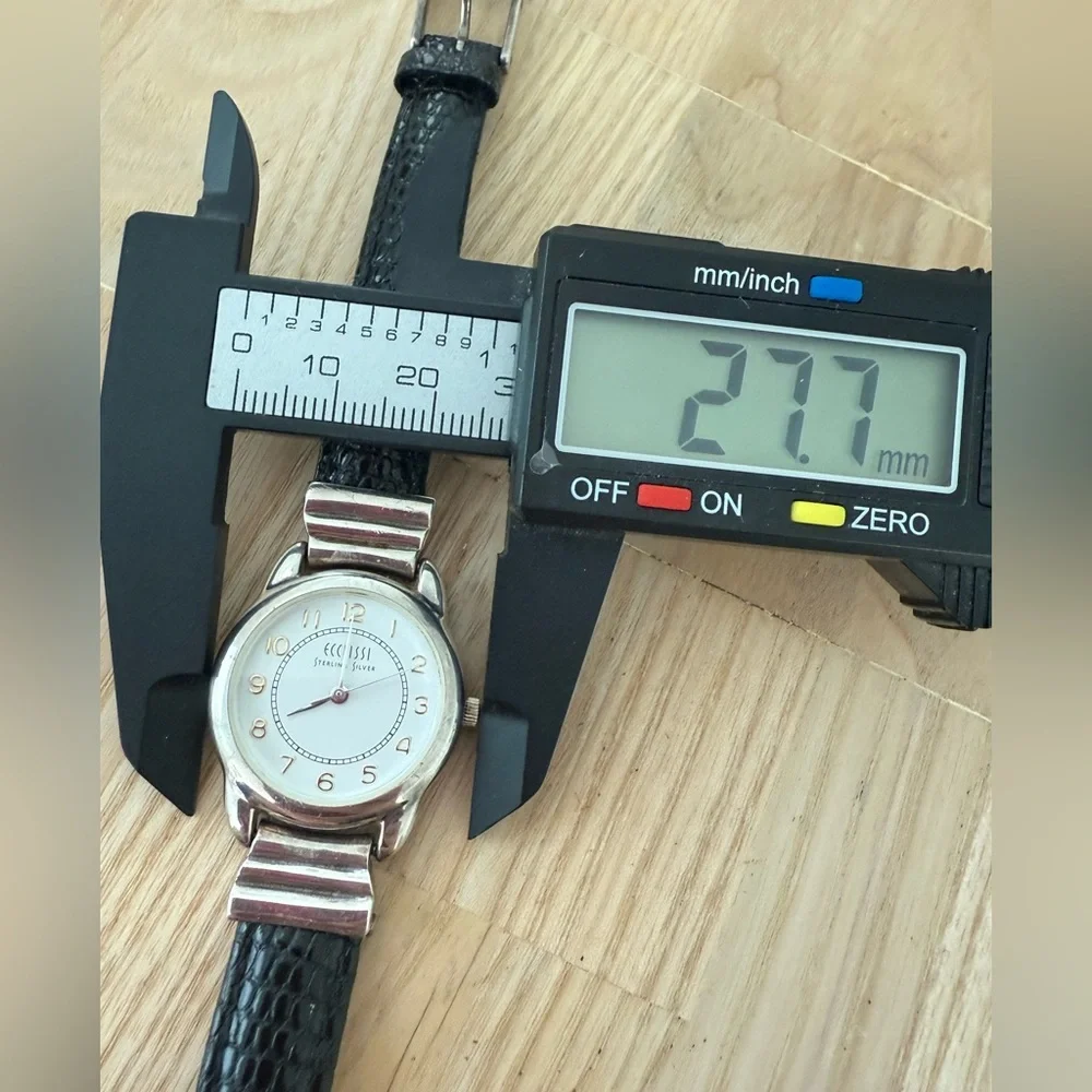 Ecclissi ladies sterling silver black leather watch NEW BATTERY